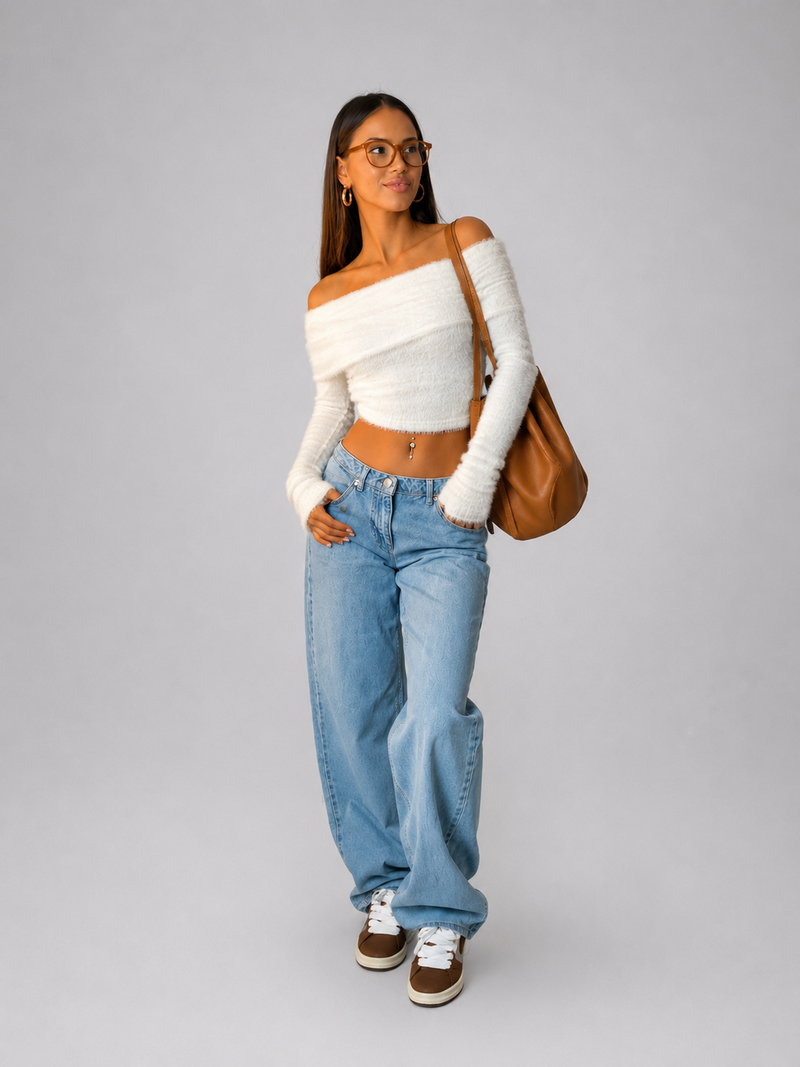 Calças Jeans de Cintura Baixa em Denim Elástico Femininas
