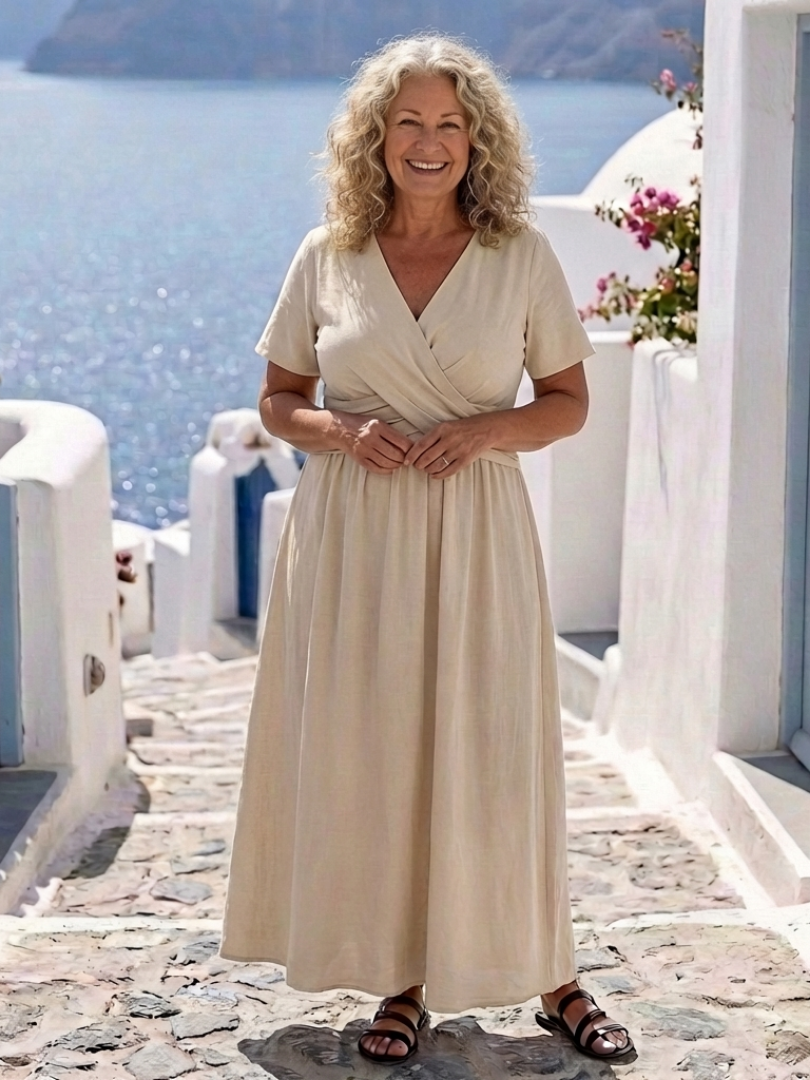 Ambre | Vestido Midi Portefeuille com Mangas Curtas em V