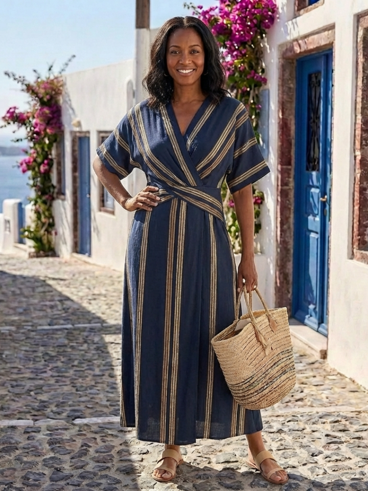 Maëlle | Vestido Midi Listrado em V com Mangas Curtas