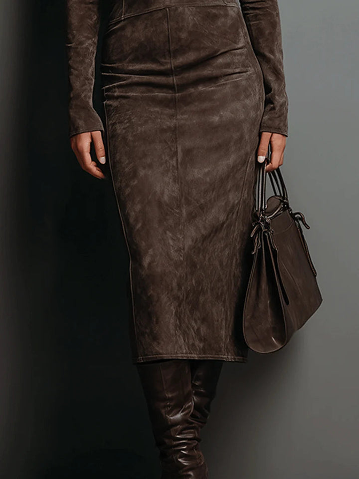 Auriane | Robe Midi en Suédine avec Col Montant