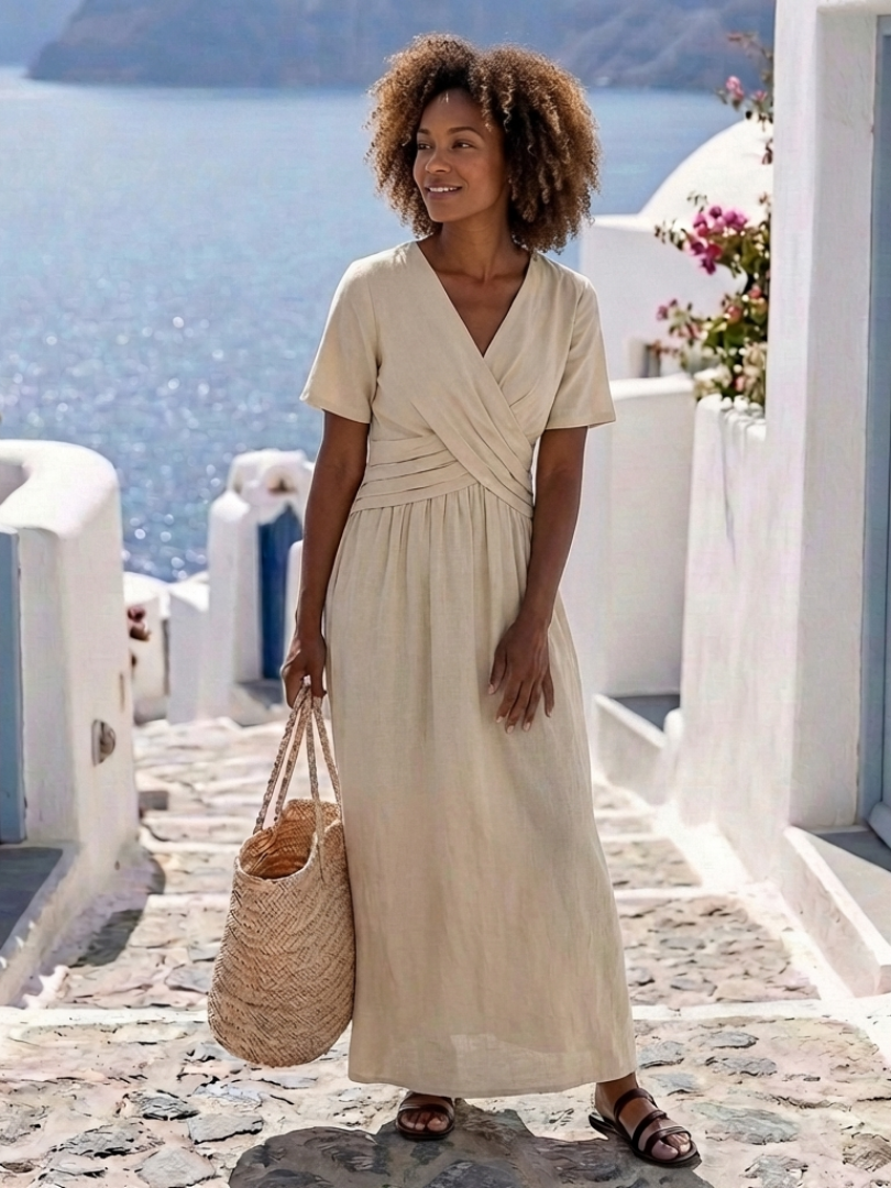 Ambre | Vestido Midi Portefeuille com Mangas Curtas em V