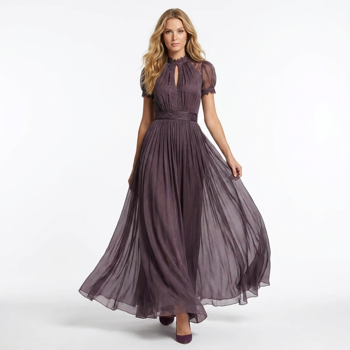 Vestido longo de chiffon com decote em formato de lágrima