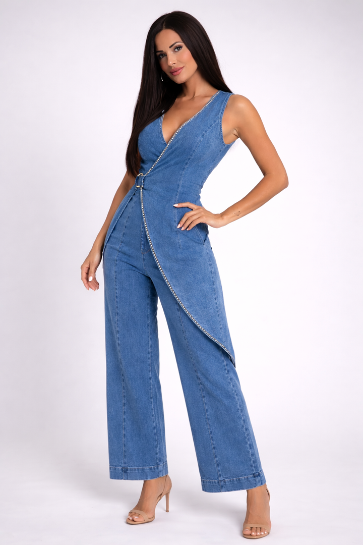 DENISSE | MACACÃO DENIM COM DESIGN ASSIMÉTRICO