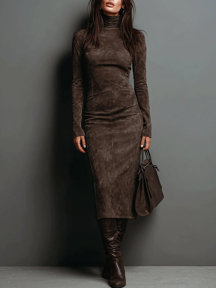 Auriane | Robe Midi en Suédine avec Col Montant