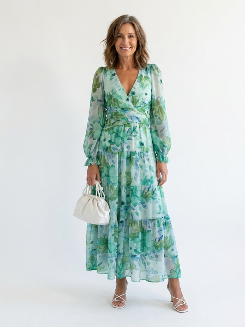 Camille | Vestido Maxi Florido com Mangas Longas