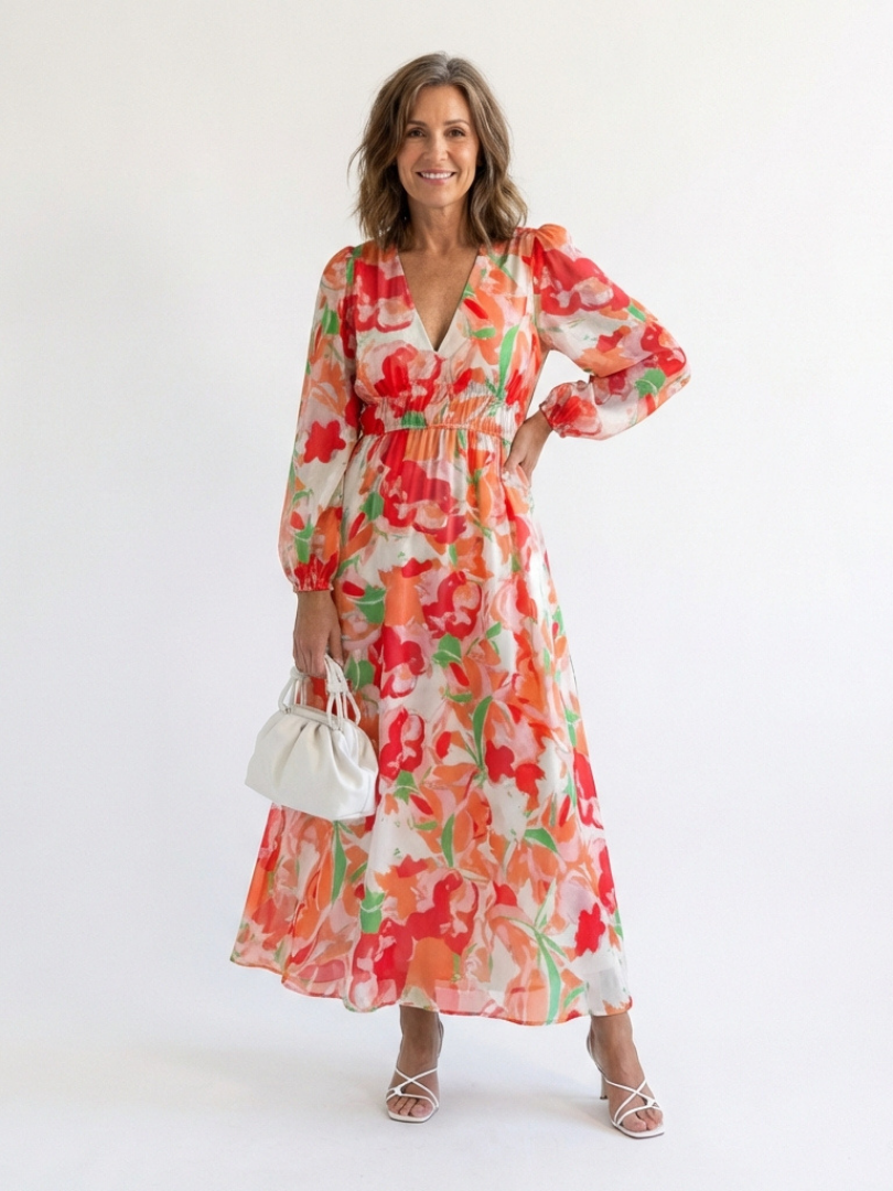 Camille | Vestido Maxi Florido com Mangas Longas