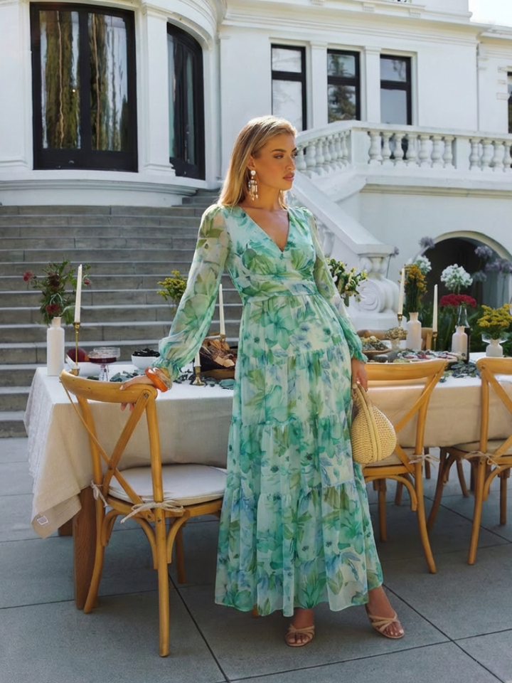 Camille | Vestido Maxi Florido com Mangas Longas