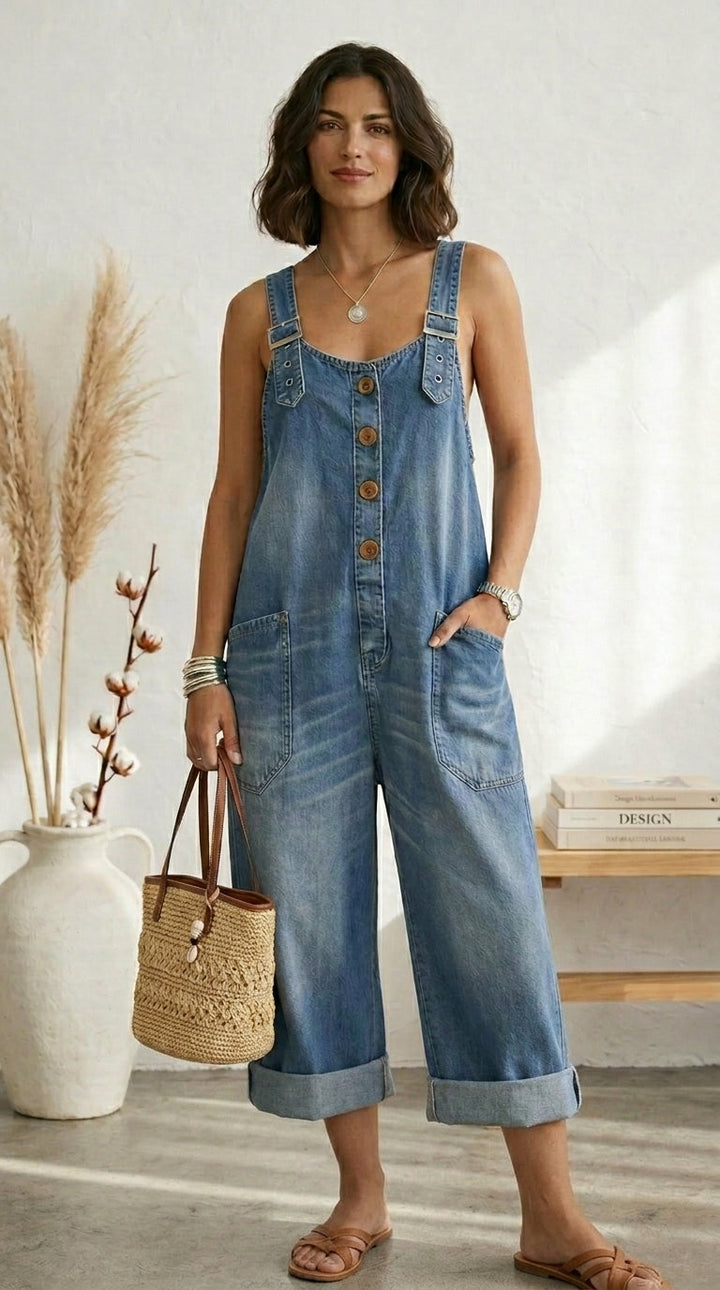 Pilar | Macacão Vintage Azul com Alças Ajustáveis