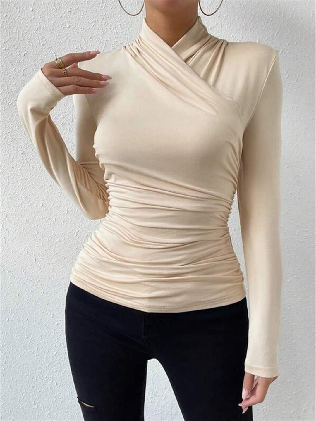Camiseta de Manga Longa Cruzada com Drapê