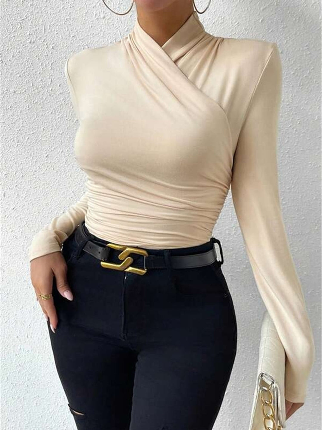 Camiseta de Manga Longa Cruzada com Drapê