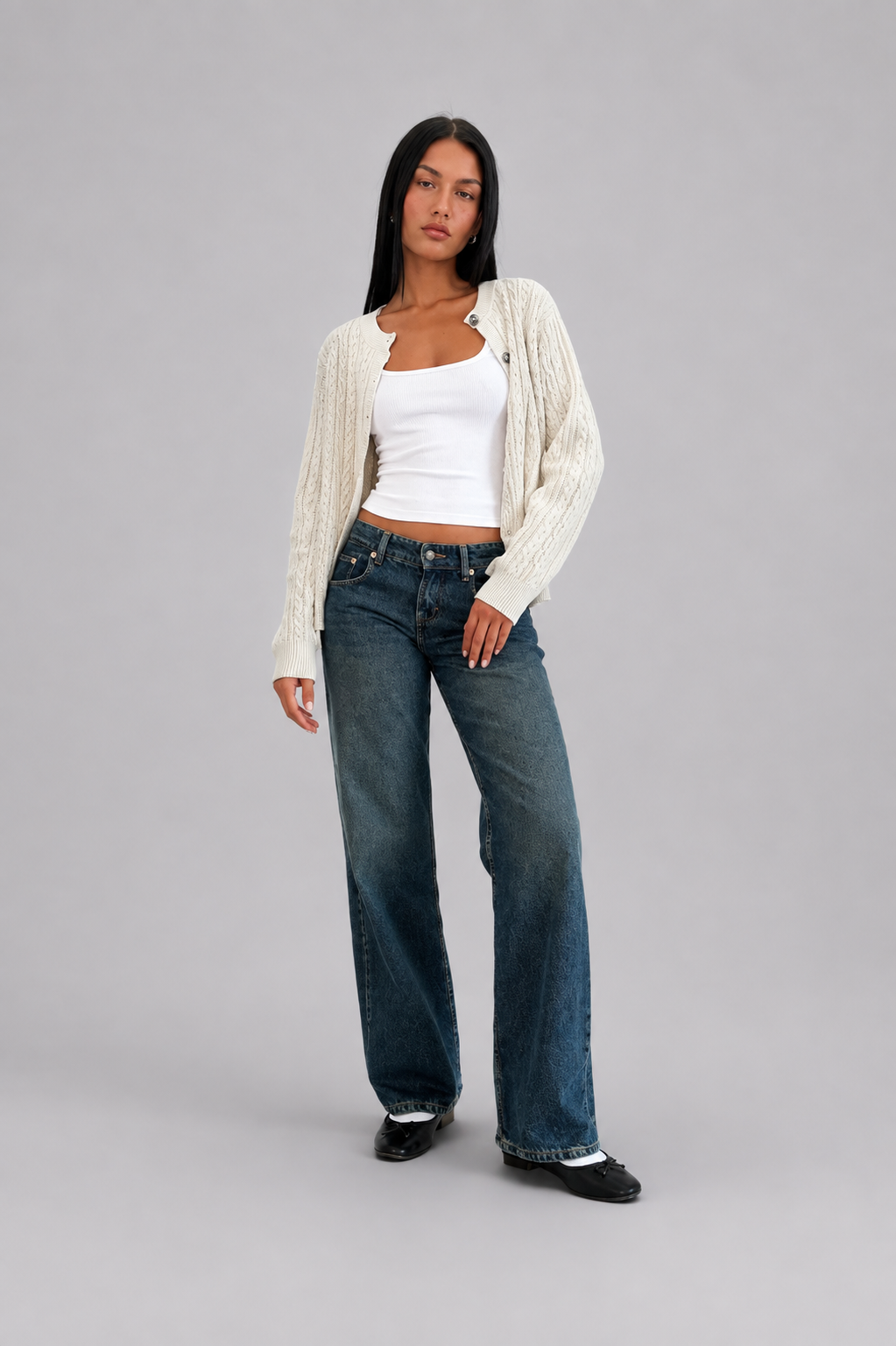 Calças Jeans de Cintura Baixa em Denim Elástico Femininas
