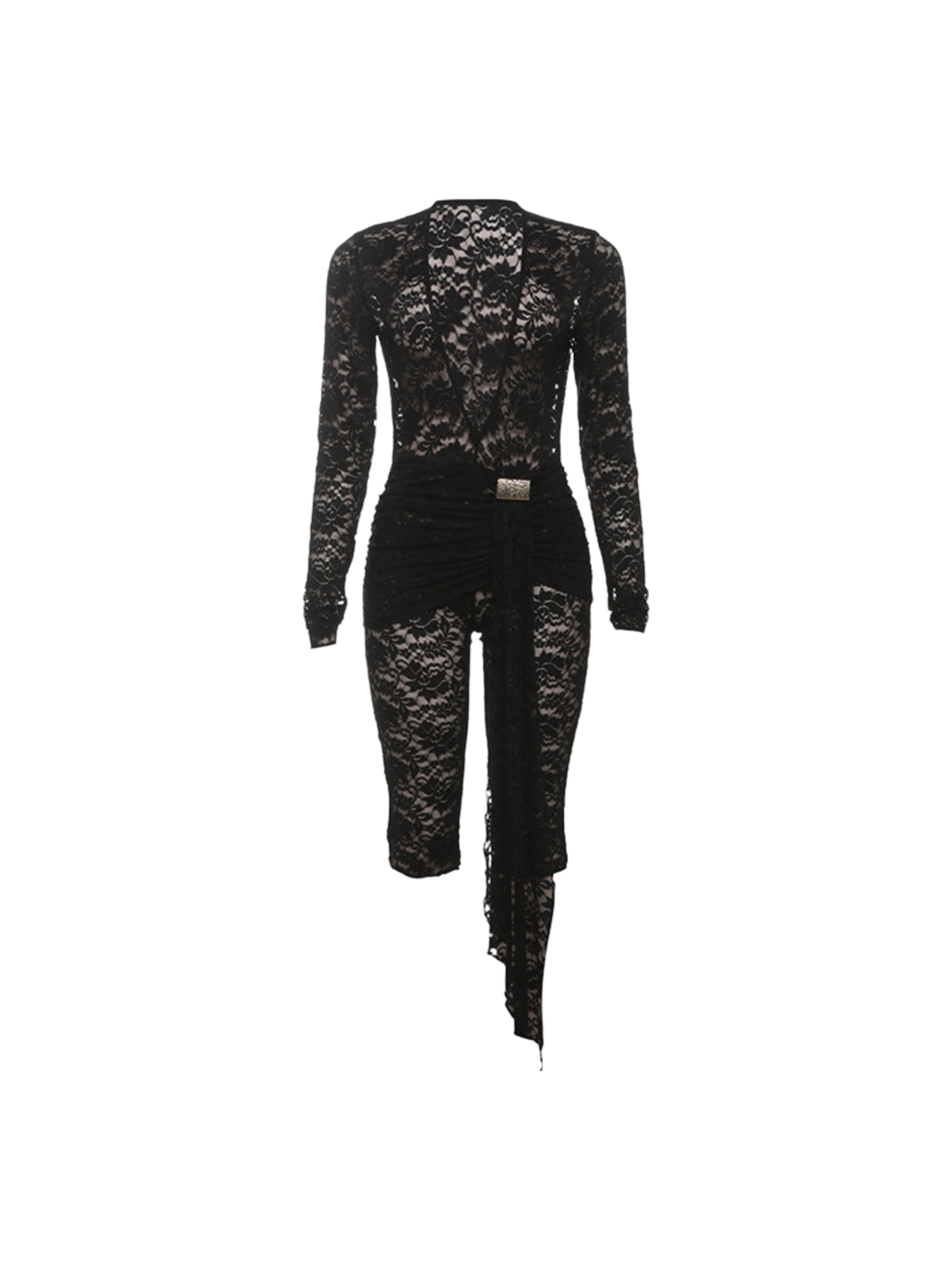 Macacão Capri de Renda com Decote em V Draelyric - Preto