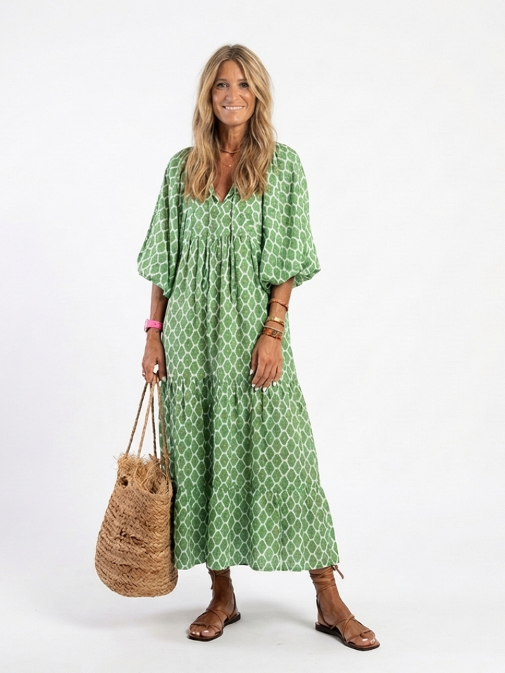 Céline | Vestido midi com padrão, mangas três-quartos e decote em V