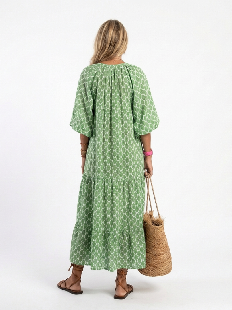 Céline | Vestido midi com padrão, mangas três-quartos e decote em V