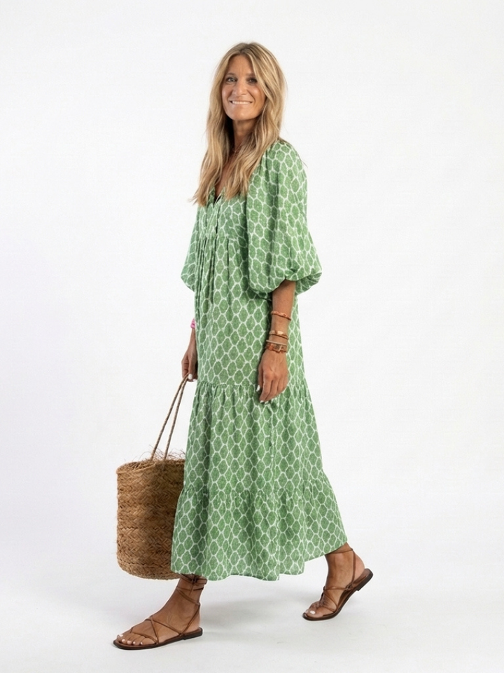 Céline | Vestido midi com padrão, mangas três-quartos e decote em V