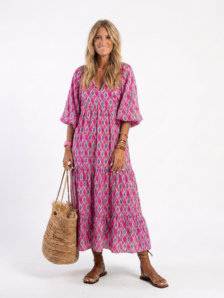 Céline | Vestido midi com padrão, mangas três-quartos e decote em V