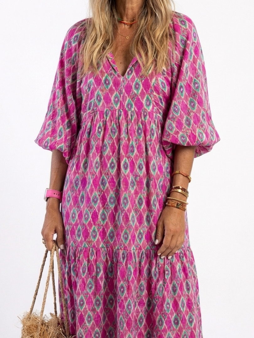 Céline | Vestido midi com padrão, mangas três-quartos e decote em V