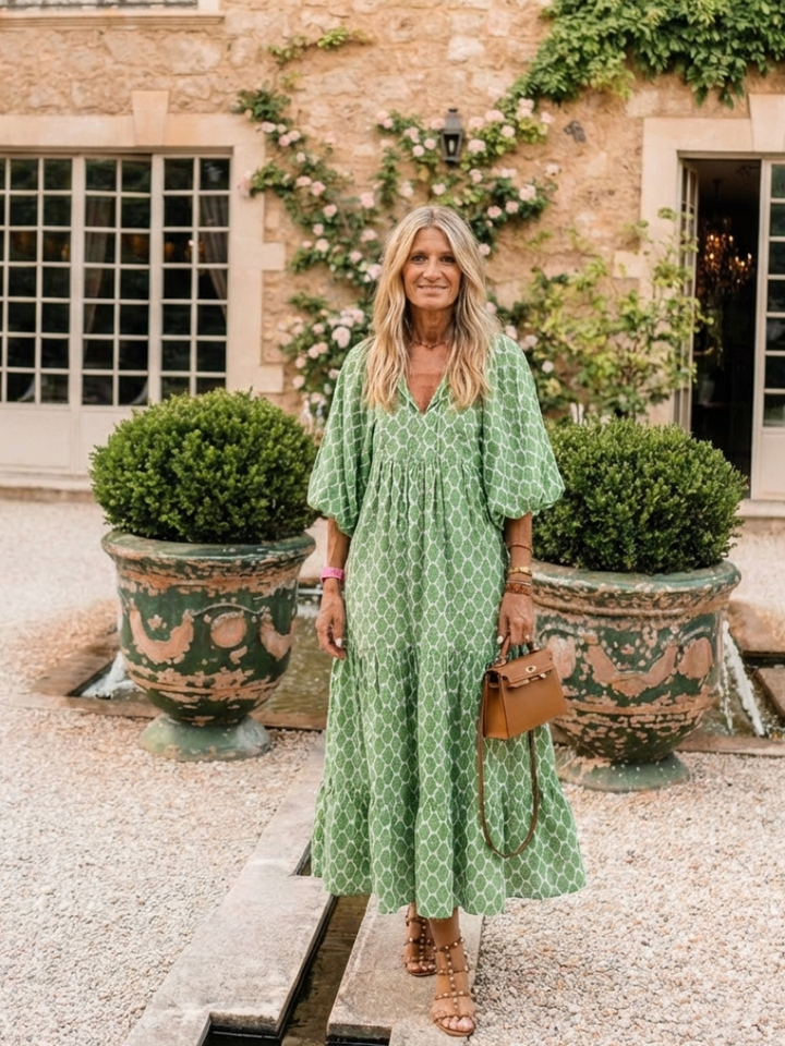 Céline | Vestido midi com padrão, mangas três-quartos e decote em V