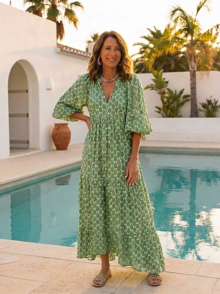 Céline | Vestido midi com padrão, mangas três-quartos e decote em V