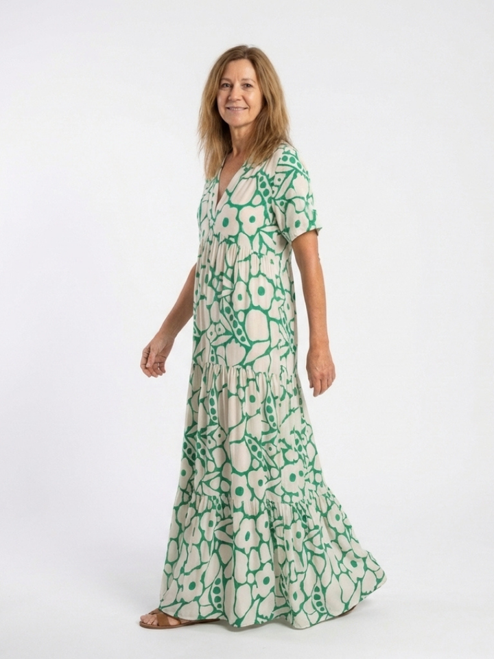 Lucie | Vestido midi com flores, mangas curtas e decote em V