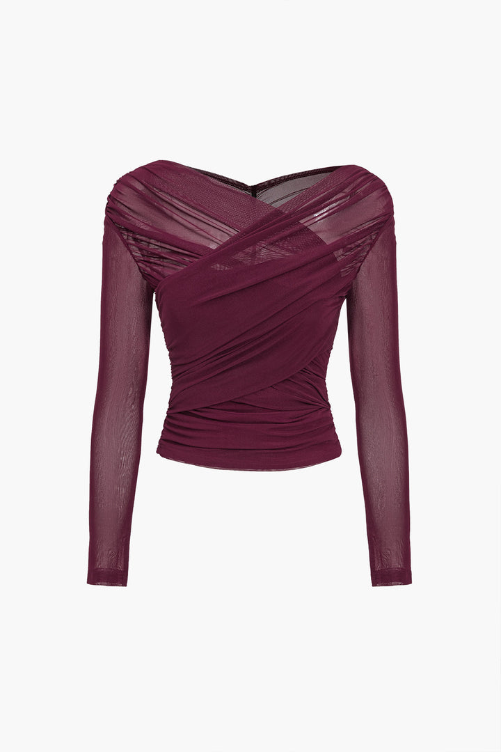 Blusa de Manga Longa em Malha Transparente com Ruches