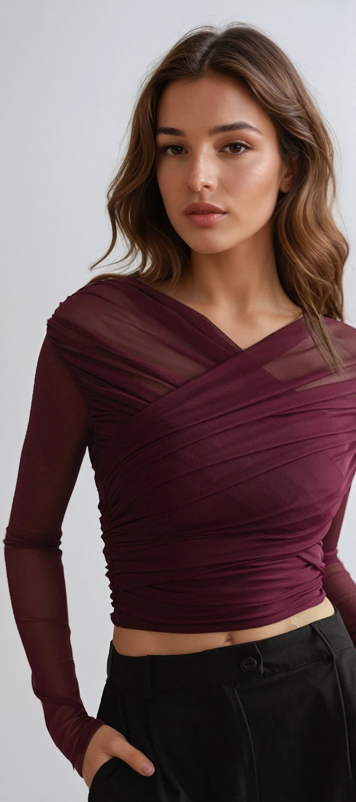 Blusa de Manga Longa em Malha Transparente com Ruches