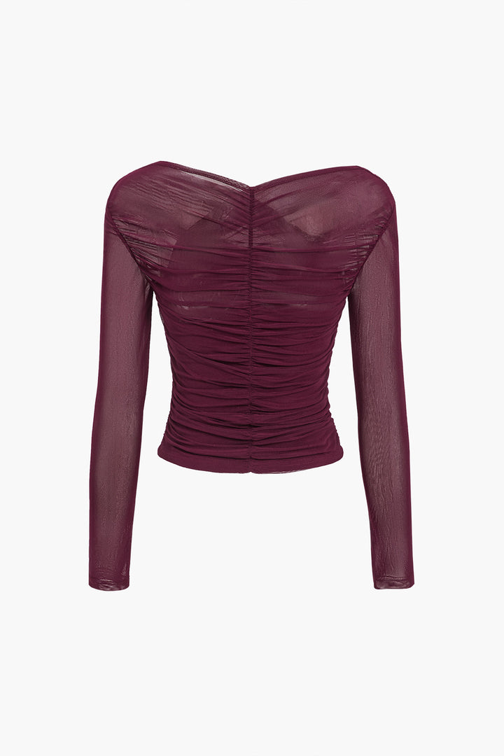 Blusa de Manga Longa em Malha Transparente com Ruches