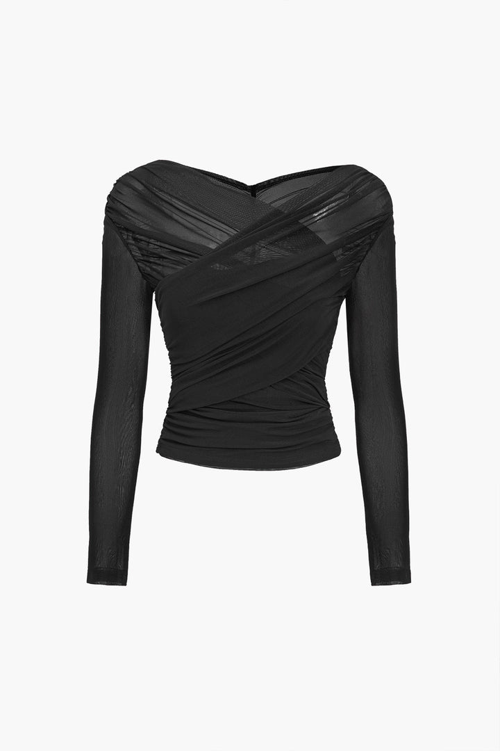 Blusa de Manga Longa em Malha Transparente com Ruches