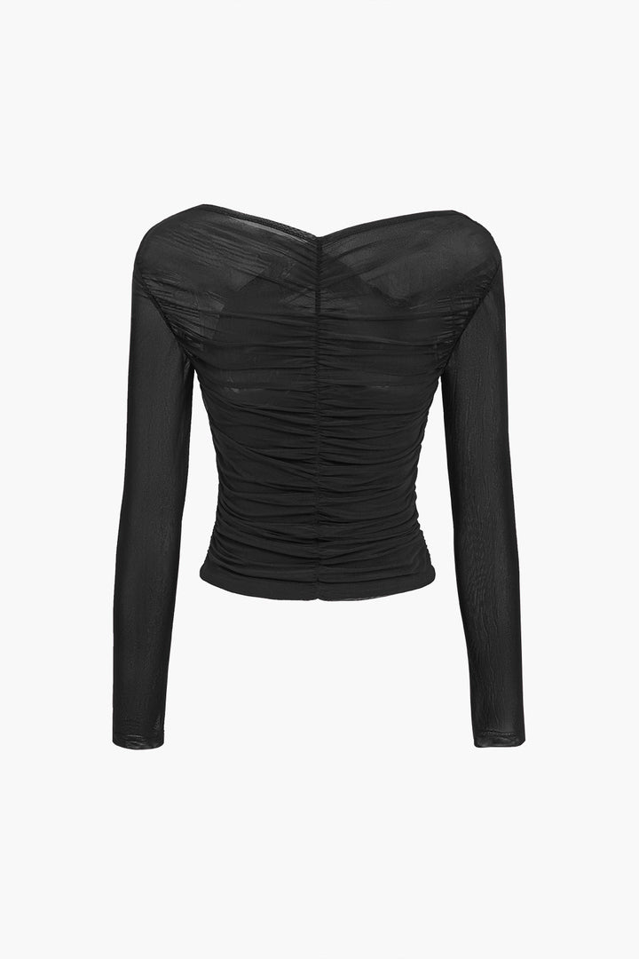 Blusa de Manga Longa em Malha Transparente com Ruches