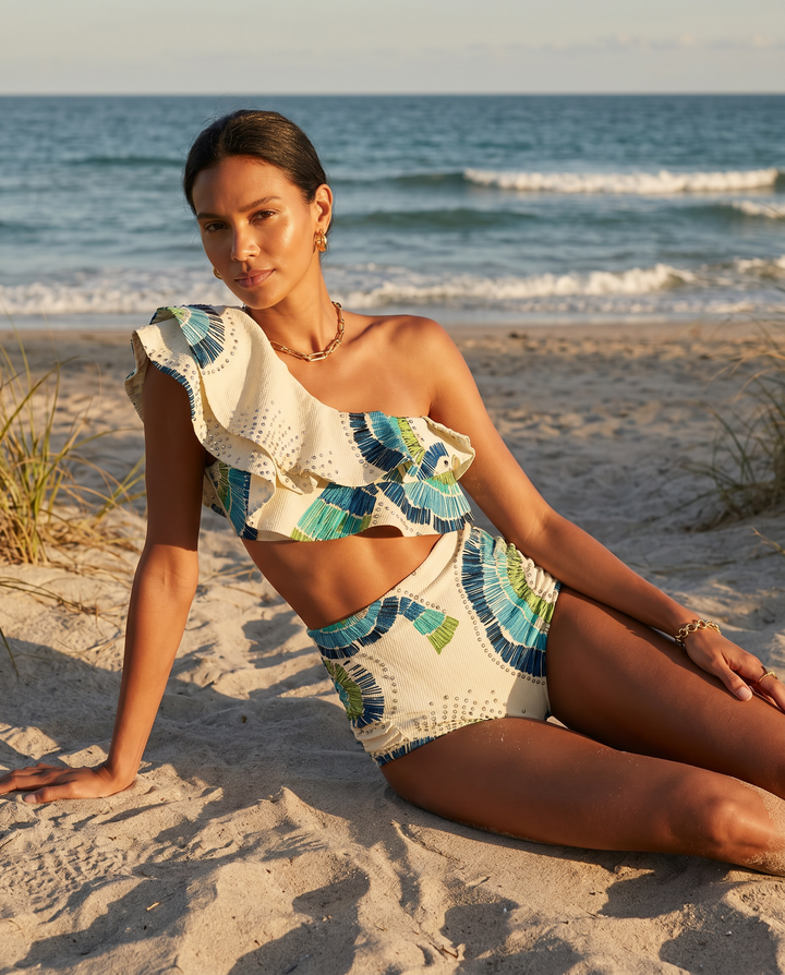 Conjunto de Bikini de Cintura Alta com Um Ombro e Aplique Decorativo