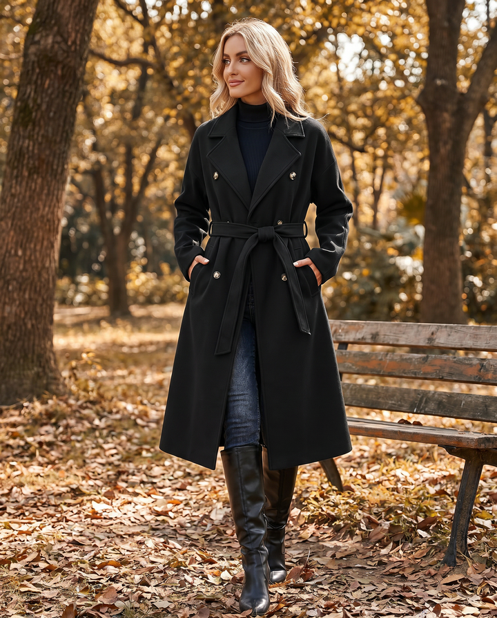 Casaco Trench Longo de Inverno Feminino — Casaco Isolado com Cinto e Mangas Longas