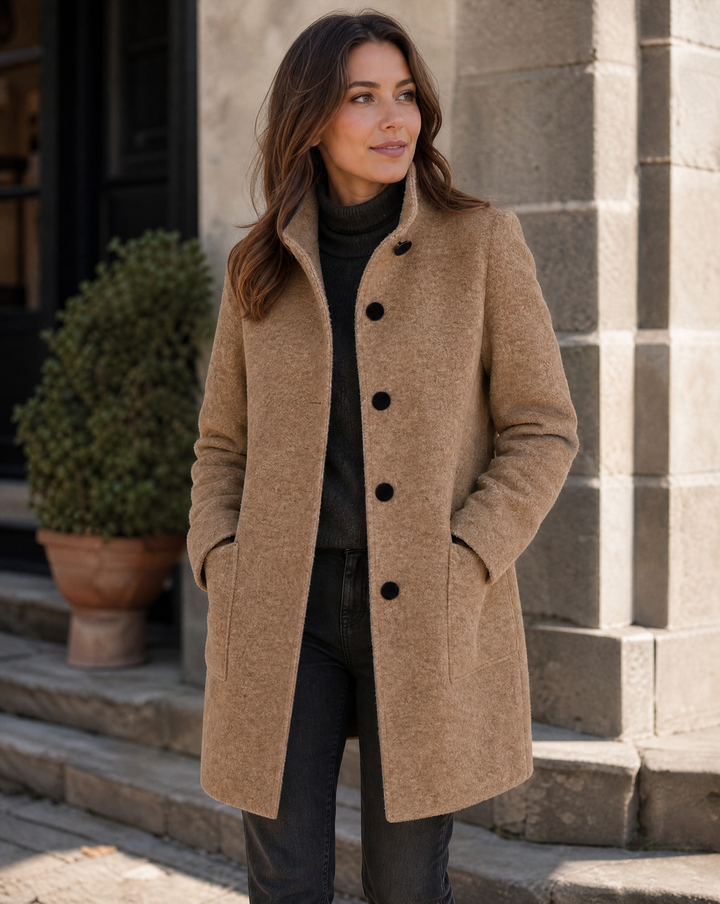 Casaco Retro de Lã Feminino – Gola Alta Elegante para um Estilo Casual Chic