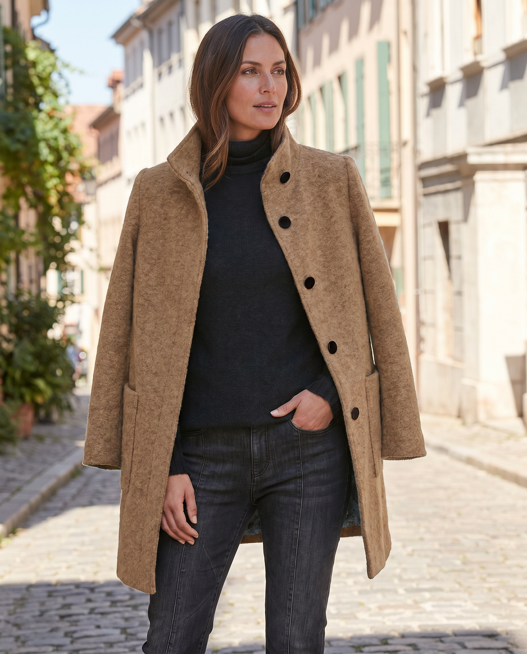 Casaco Retro de Lã Feminino – Gola Alta Elegante para um Estilo Casual Chic