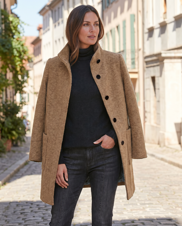 Casaco Retro de Lã Feminino – Gola Alta Elegante para um Estilo Casual Chic