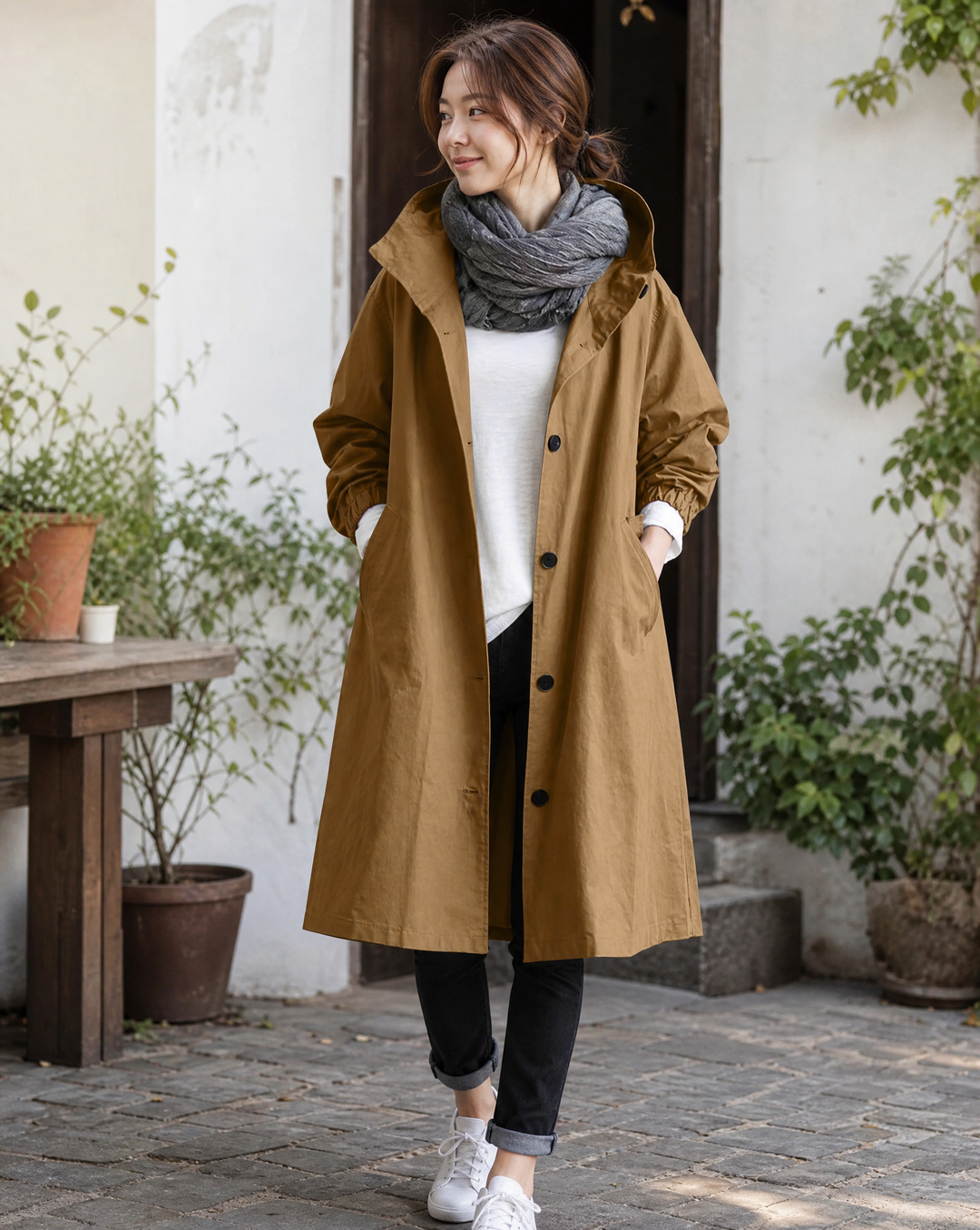 Casaco Trench Longo com Capuz Feminino