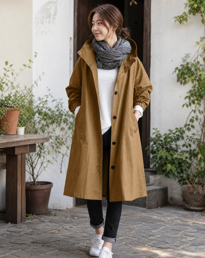 Casaco Trench Longo com Capuz Feminino