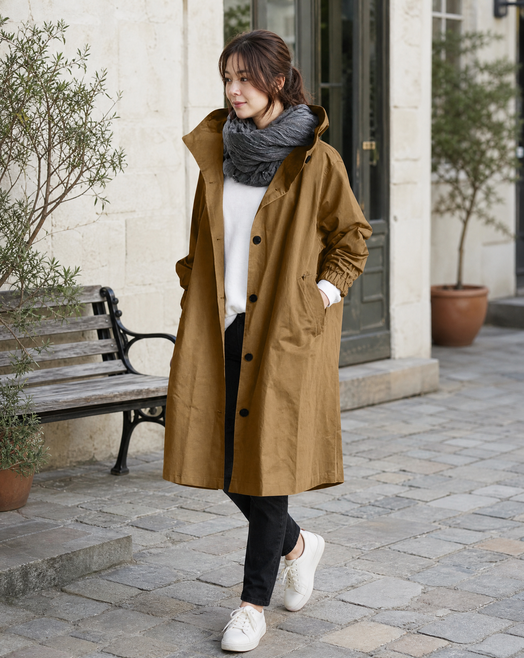 Casaco Trench Longo com Capuz Feminino
