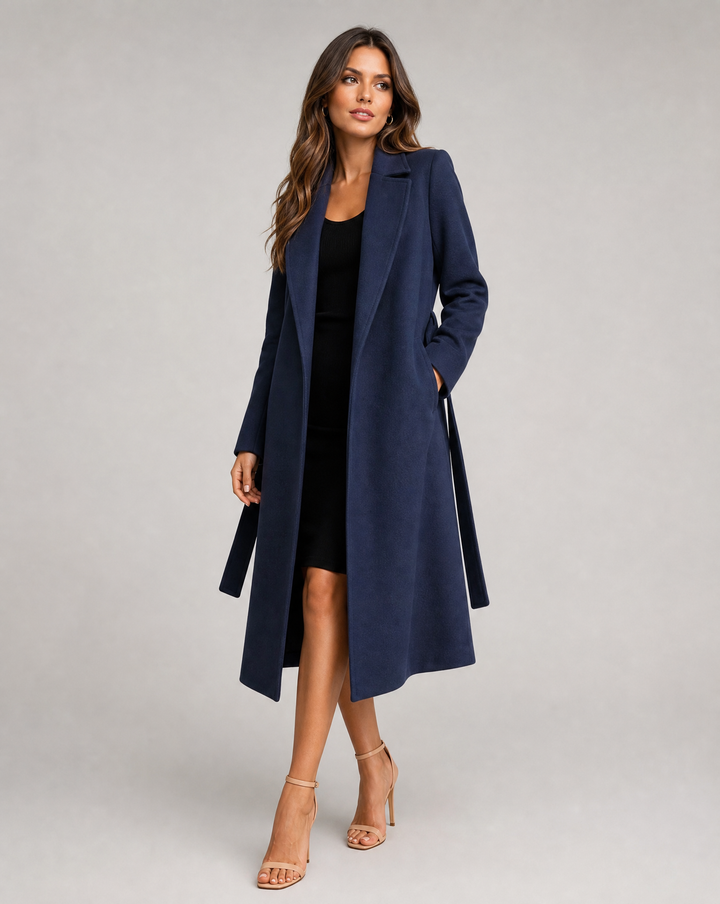 Casaco Trench Feminino Longo de Inverno — Sofisticado Casaco de Lã com Cinto e Lapela de Manga Longa