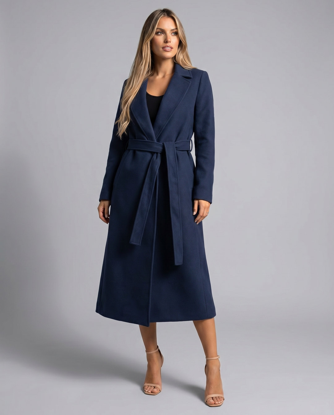 Casaco Trench Feminino Longo de Inverno — Sofisticado Casaco de Lã com Cinto e Lapela de Manga Longa