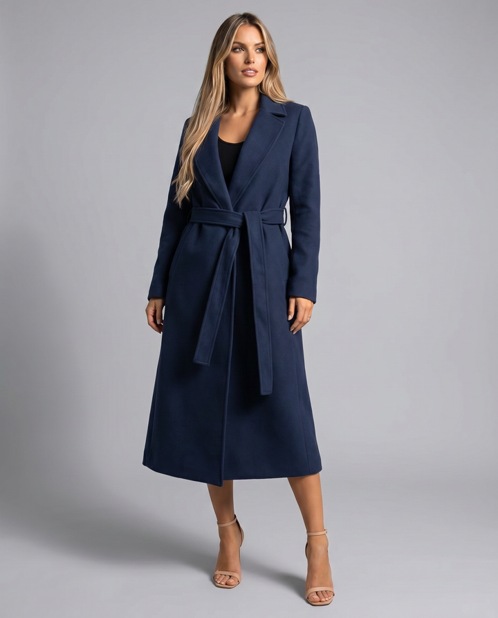 Casaco Trench Feminino Longo de Inverno — Sofisticado Casaco de Lã com Cinto e Lapela de Manga Longa