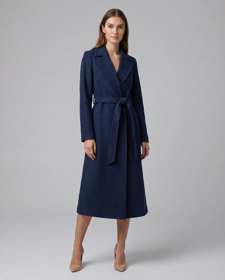 Casaco Trench Feminino Longo de Inverno — Sofisticado Casaco de Lã com Cinto e Lapela de Manga Longa