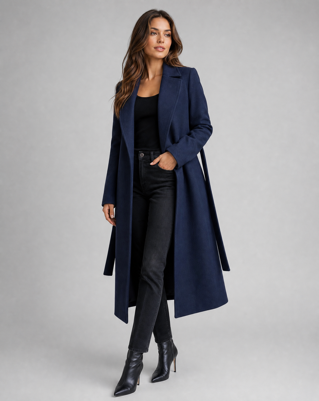 Casaco Trench Feminino Longo de Inverno — Sofisticado Casaco de Lã com Cinto e Lapela de Manga Longa