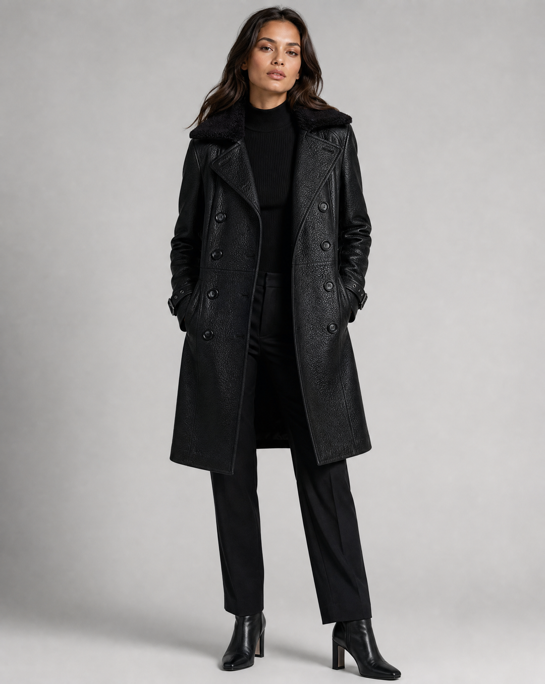 Trench Coat de Pele Sintética Luxuosa Feminina