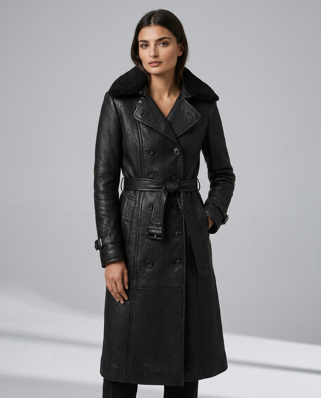 Trench Coat de Pele Sintética Luxuosa Feminina