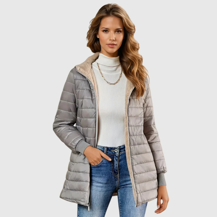 Casaco Feminino de Inverno Forrado em Sherpa — Casaco Insulado com Capuz e Manga Longa