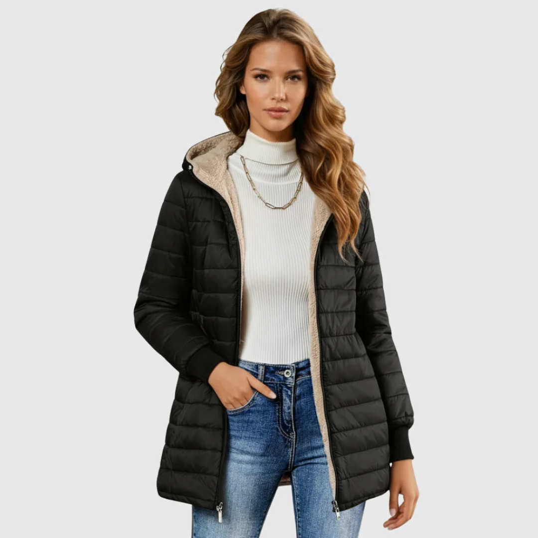 Casaco Feminino de Inverno Forrado em Sherpa — Casaco Insulado com Capuz e Manga Longa