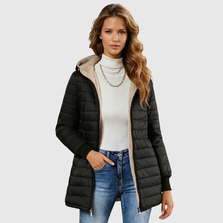 Casaco Feminino de Inverno Forrado em Sherpa — Casaco Insulado com Capuz e Manga Longa