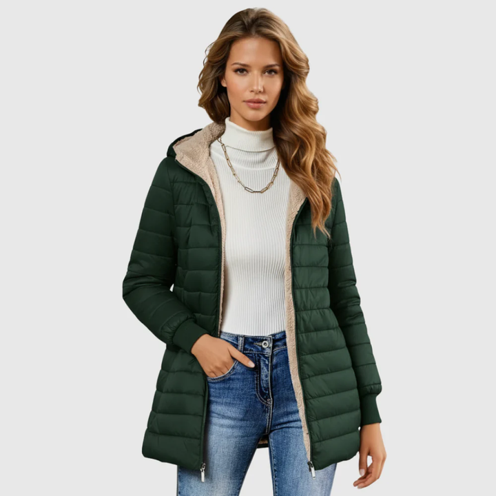 Casaco Feminino de Inverno Forrado em Sherpa — Casaco Insulado com Capuz e Manga Longa