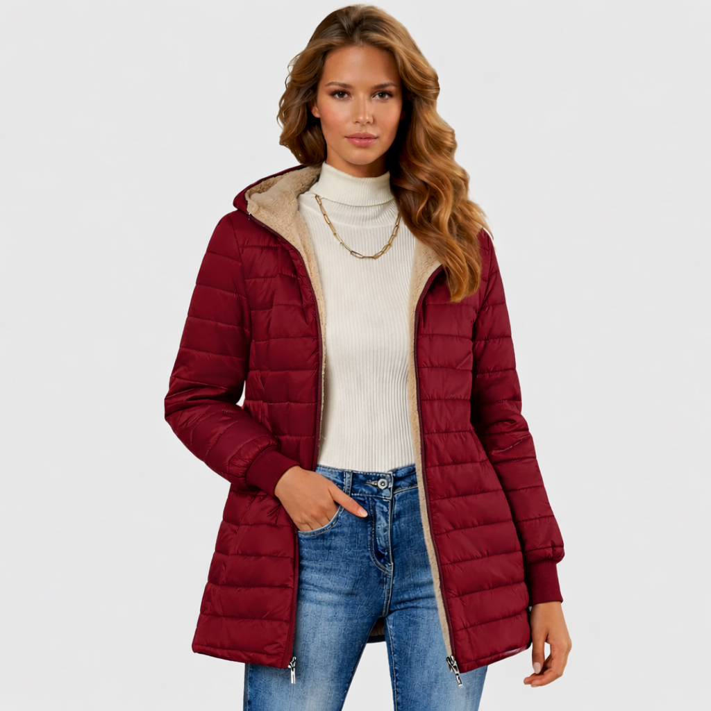 Casaco Feminino de Inverno Forrado em Sherpa — Casaco Insulado com Capuz e Manga Longa