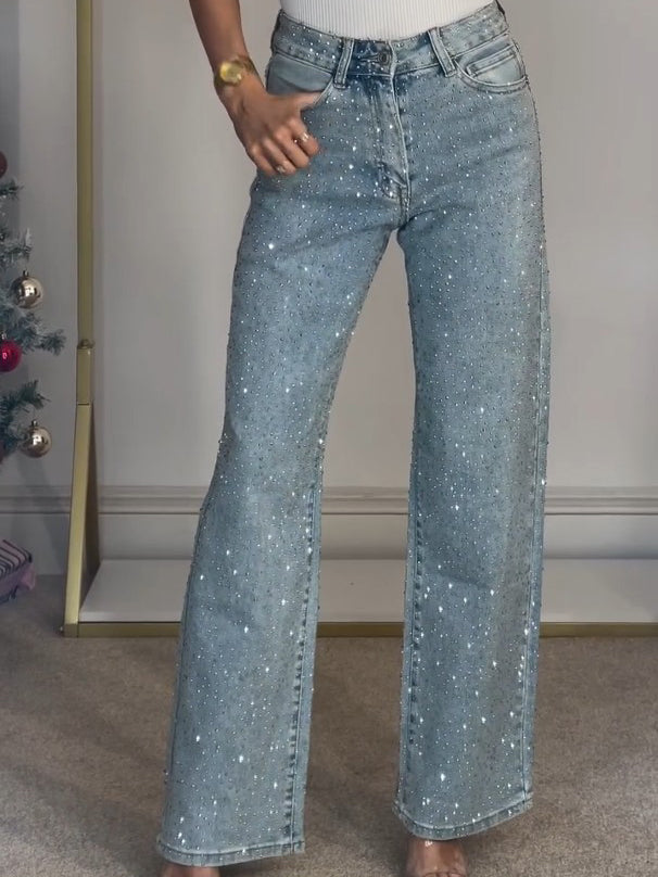 Jeans de Cintura Alta com Detalhes em Diamante